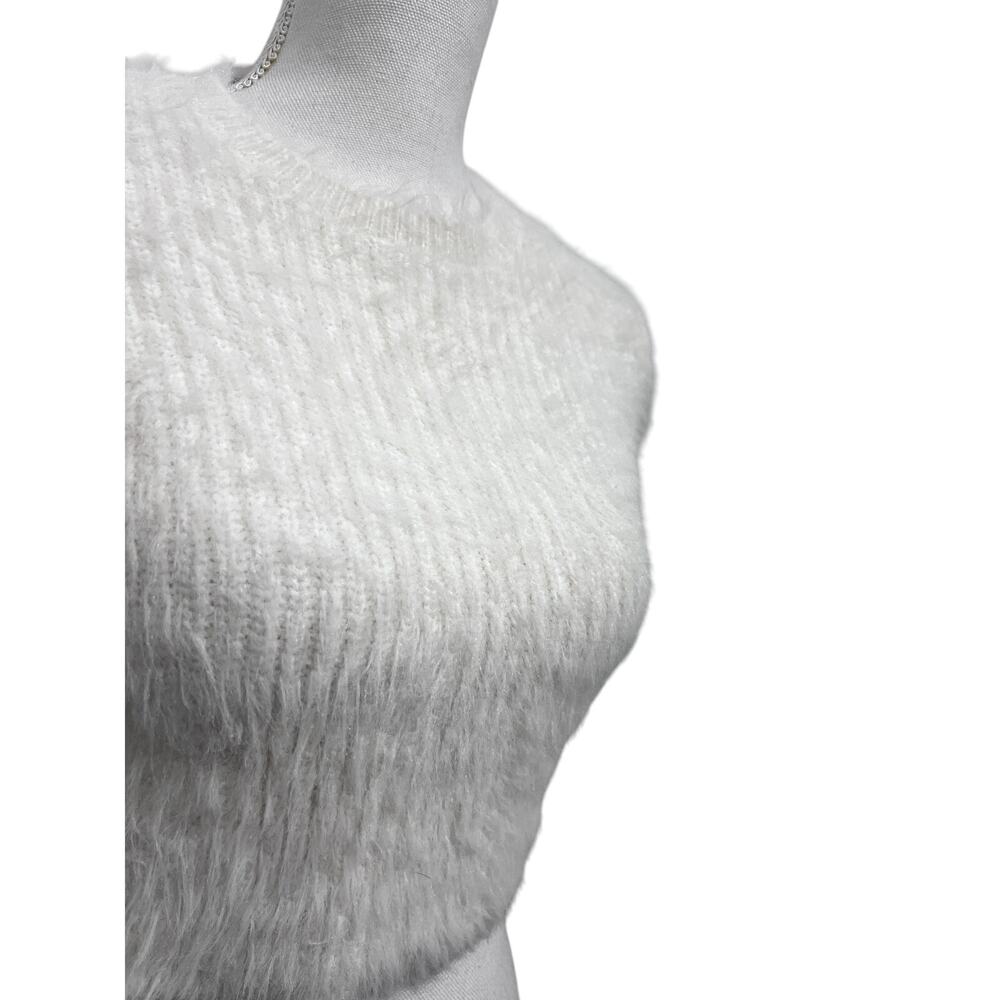Zara Ivory Eyelash Faux Fur Cropped Knit Sweater Top Small Stretch - Picture 4 of 6